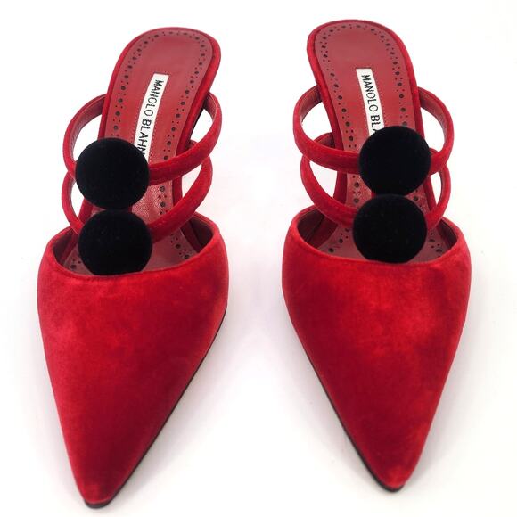 Manolo Blahnik Red Velvet Pom Pom Mule Heels 37.5 (US 6.5-7) - Picture 6 of 15